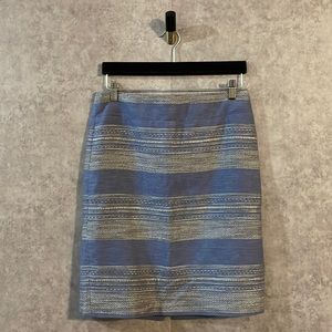 The Limited Chambray Blue Tan Pencil Skirt Striped Embroidered Linen Like Cotton